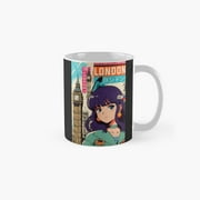 London England Cute Retro Anime Girl 80S Vintage Travel Classic Mug, Ceramic Coffee Mug, Tea Coffee Cup, Best Friend Birthday Gifts
