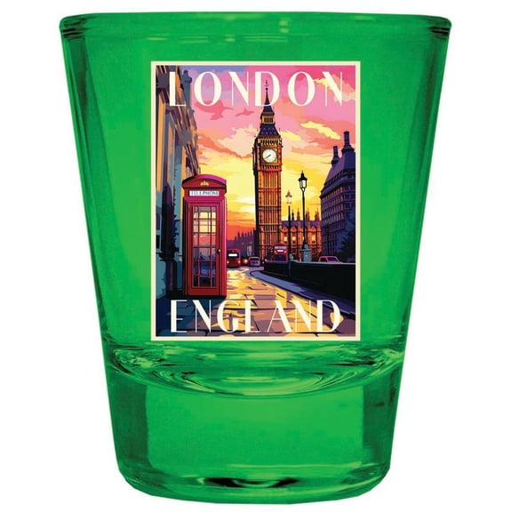 London England Design B Souvenir Full Color 2 oz Round Shot Glass Green
