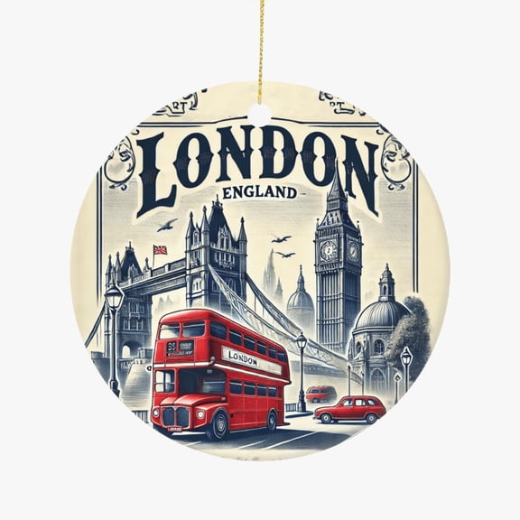 London England Red Phone Booth Big Ben Tower Bridge Double Decker Bus Travel Ceramic Christmas Ornament Holiday Tree Hanging Gift for Travelers Friends Family Xmas Keepsake