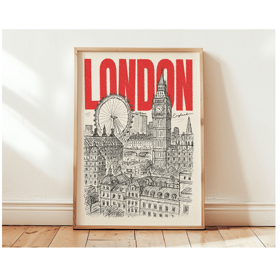 London England Retro Travel Poster Boho Minimalist Vintage City Art