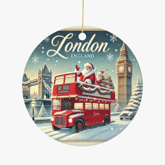 London England Santa on a Double Decker Bus Design Travel Ceramic Christmas Ornament Holiday Tree Hanging Gift for Travelers Friends Family Xmas Keepsake