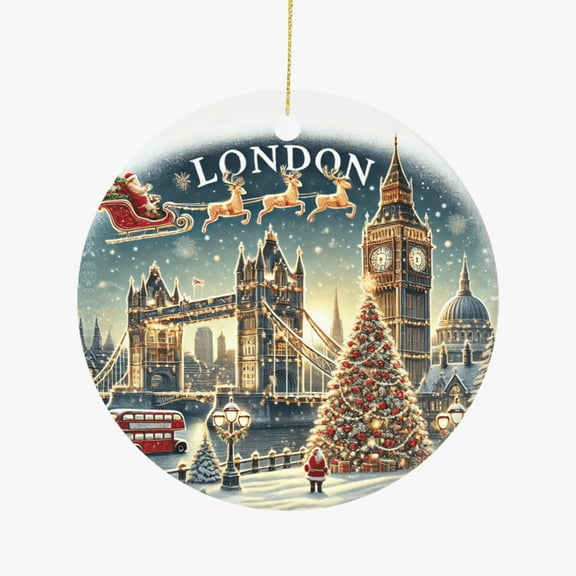 London England Santa and Reindeer Big Ben Tower Bridge Travel Ceramic Christmas Ornament Holiday Tree Hanging Gift for Travelers Friends Family Xmas Keepsake