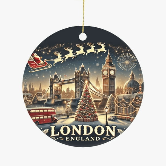 London England Santa & Sleigh Big Ben Tower Bridge Travel Ceramic Christmas Ornament Holiday Tree Hanging Gift for Travelers Friends Family Xmas Keepsake