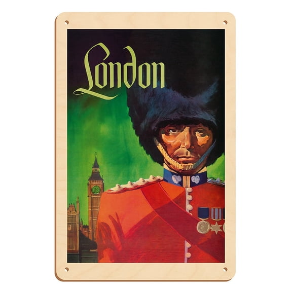 London England - The Royal Queen's Guard - Vintage Travel Poster by David Klein c.1950s - 8 x 12 inch Vintage Wood Art Sign