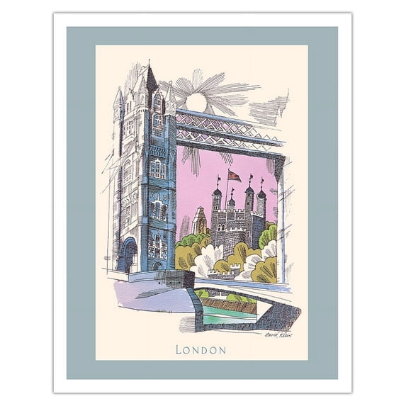London England - Tower Bridge - Vintage Airline Travel Poster by David Klein c.1950s - Fine Art Matte Paper Print (Unframed) 11x14in