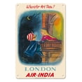 thumbnail image 1 of London England - Wherefor Art Thou? - Maharajah Mascot Romeo - Air India - Vintage Airline Travel Poster by Umesh Rao c.1950s - 8 x 12 inch Vintage Metal Tin Sign, 1 of 4