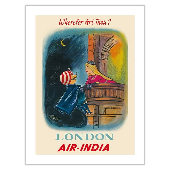 London England - Wherefor Art Thou? - Maharajah Mascot Romeo - Air India - Vintage Airline Travel Poster by Umesh Rao c.1950s - Bamboo Fine Art 290gsm Paper Print (Unframed) 24x32in