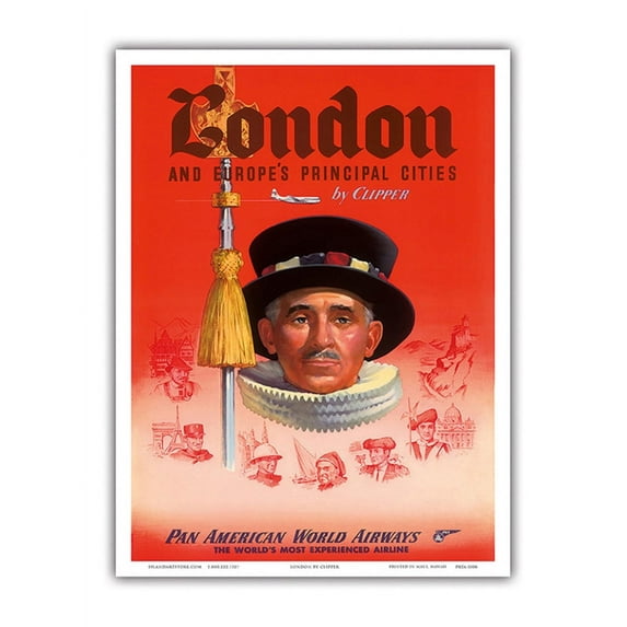 London and Europe’s Principal Cities by Clipper - British Yeomen Guard England - Vintage Airline Travel Poster c.1950s - Master Art Print (Unframed) 9in x 12in