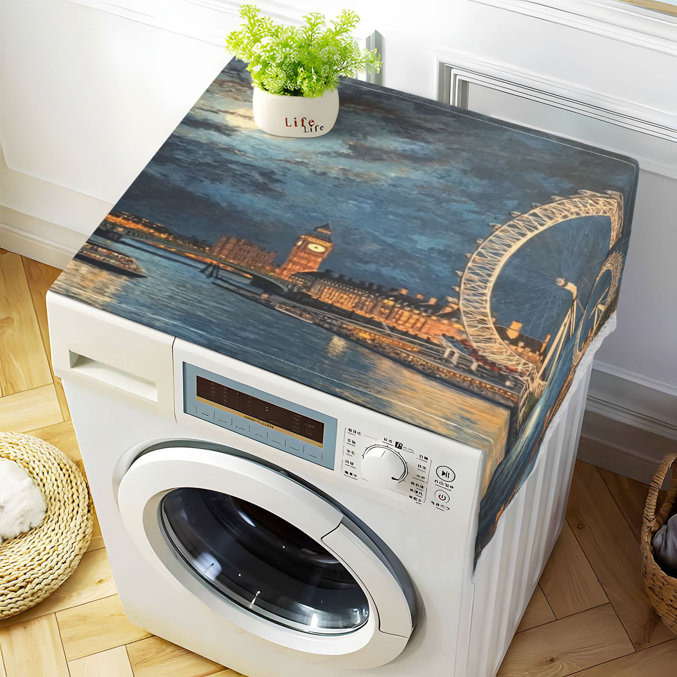 London Eye at NightWasher and Dryer Covers Dust-Proof and Oil Resistant Fridge Cover with 4 Storage Pockets Washing Machine Top Cover for Laundry Kitchen Home 51.2 x 22 In