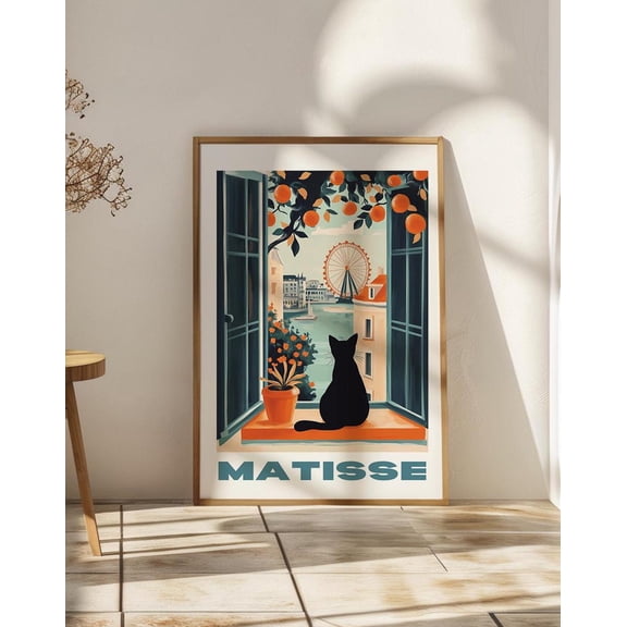 London Eye Open Window Art Print, Cat Illustration, City View, Stretched Canvas Size 12x18