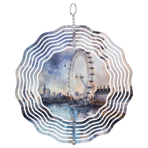 London Eye View 3D Wind Spinner Stainless Steel Kinetic Yard Art Garden Decor UK Capital Skyline Gift