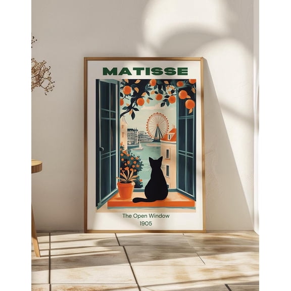 London Eye View Black Cat Art Print, Open Window Illustration, Cityscape, Unframed Paper Print Size 8x12