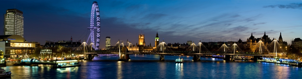 London Eye and Central London Skyline at dusk South Bank Thames River London England Canvas Art - Panoramic Images (27 x 9)