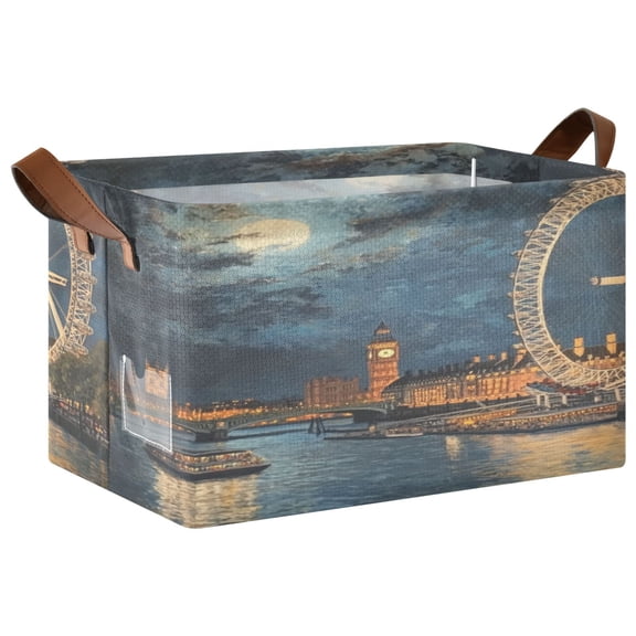 London Eye at Night Storage Basket Soccer Plaid Fabric Hoard Box Oversized Collapsible Closet Organizer with Metal Iron Frame 16.911.410in