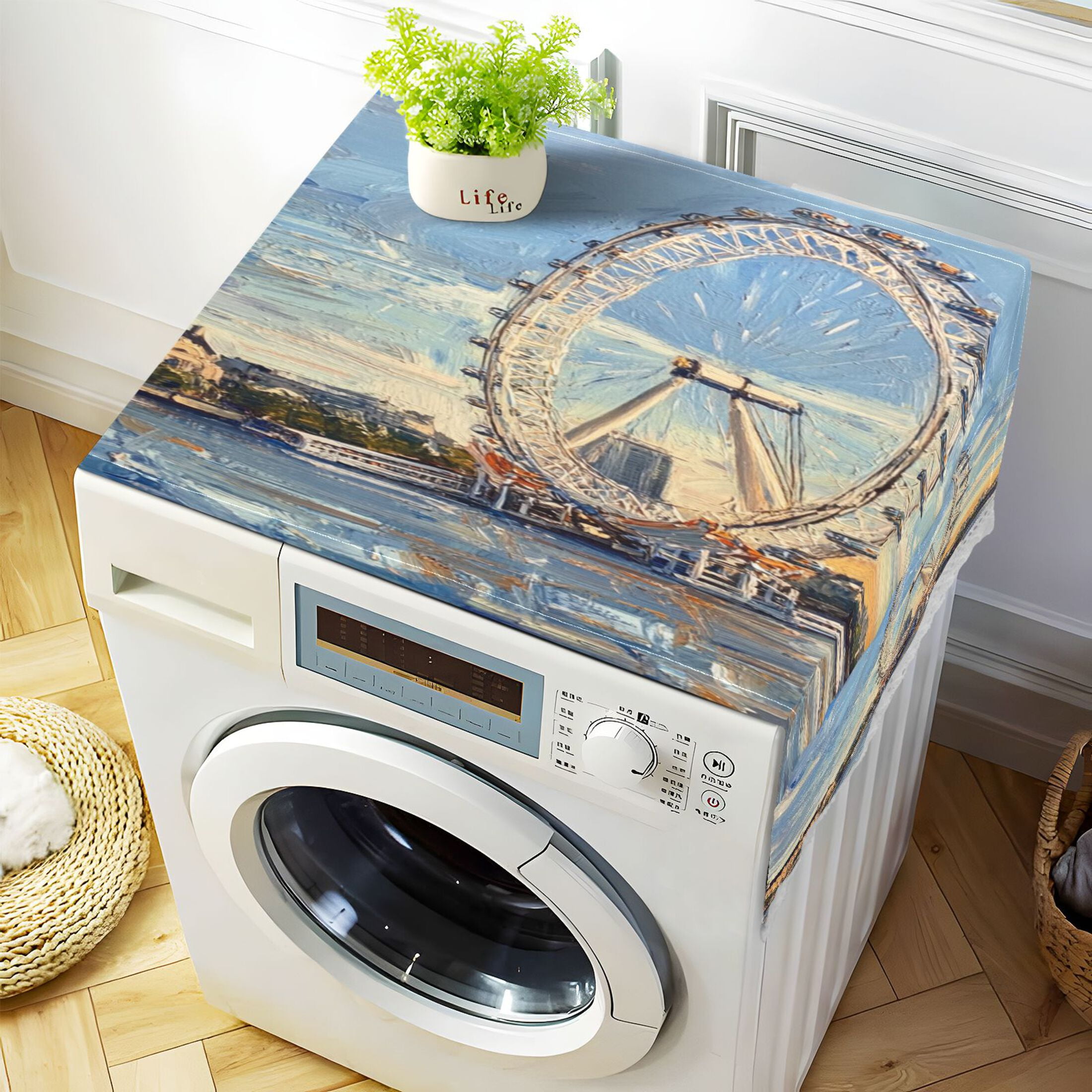 The London EyeWasher and Dryer Covers Dust-Proof and Oil Resistant Fridge Cover with 4 Storage Pockets Washing Machine Top Cover for Laundry Kitchen Home 51.2 x 22 In