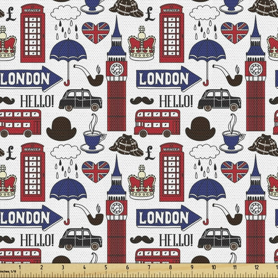 Ambesonne London Fabric by the Yard Upholstery, UK English Landmarks, 3 Yards, Multicolor