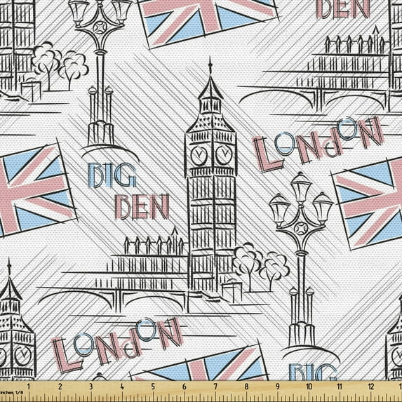 Ambesonne London Fabric by the Yard Upholstery, Famous Big Ben Sketchy, 1 Yard, Multicolor