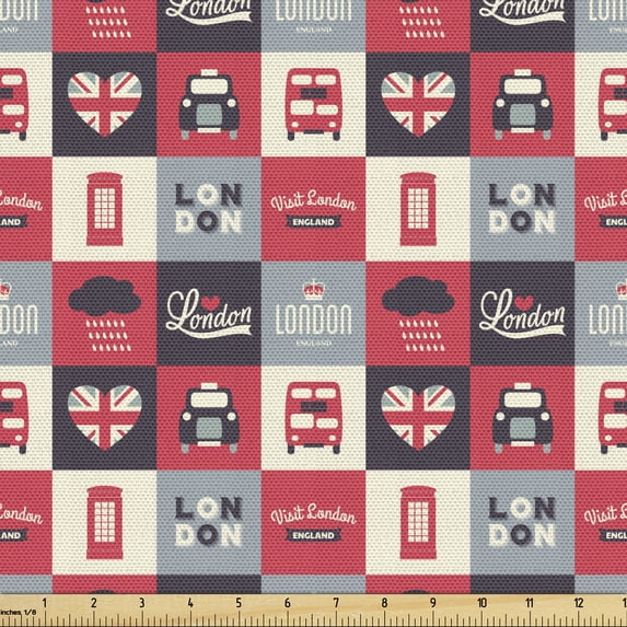 Ambesonne London Fabric by the Yard Upholstery, Retro UK Europe Travel, 1 Yard, Multicolor