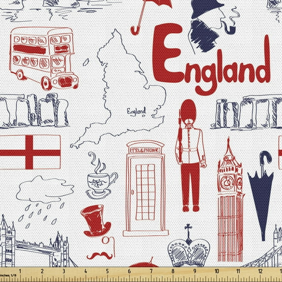 Ambesonne London Fabric by the Yard Upholstery, British Culture Sketch, 2 Yards, Vermilion Dark Blue