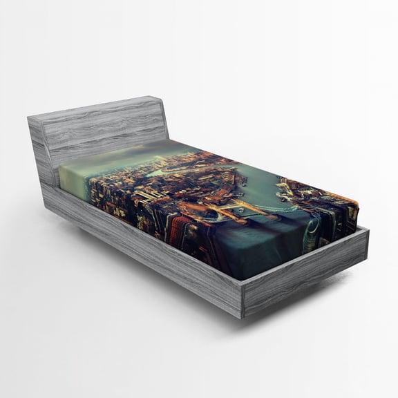 Ambesonne London Fitted Sheet, Thames River and Bridge, Twin XL Size, Almond Green Orange