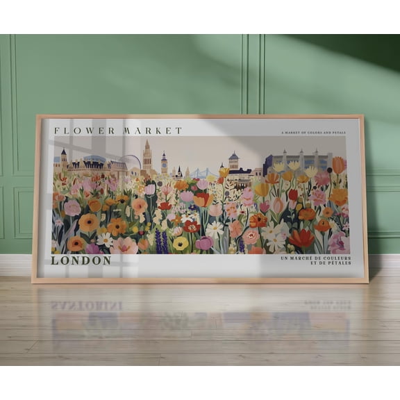 London Flower Market Panoramic Poster, Botanical Cityscape Wall Art, Unframed Paper Poster 8x10in