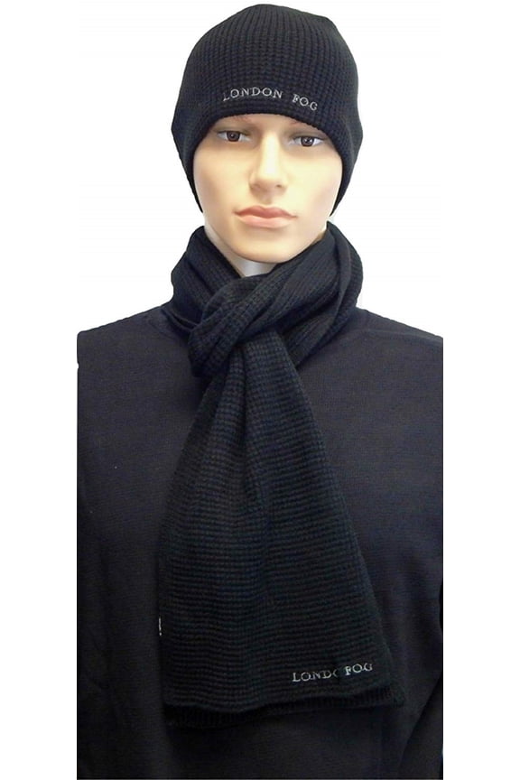 London Fog Adult Men Knit Hat and Scarf Set - Beanie Hat Skull Cap and Scarf Se (Black Knit)