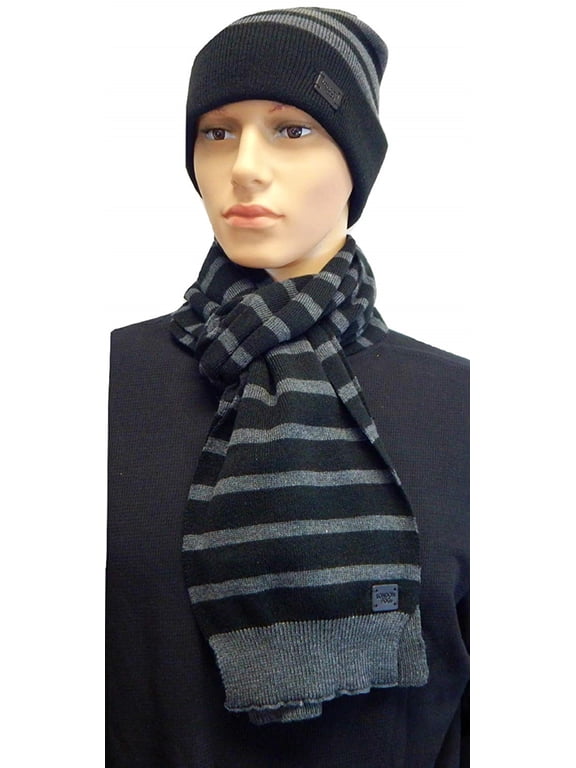 Adult Men Knit Hat and Scarf Set - Slouchy Beanie Hat Skull Cap and Scarf Set (Black/Grey Stripe)