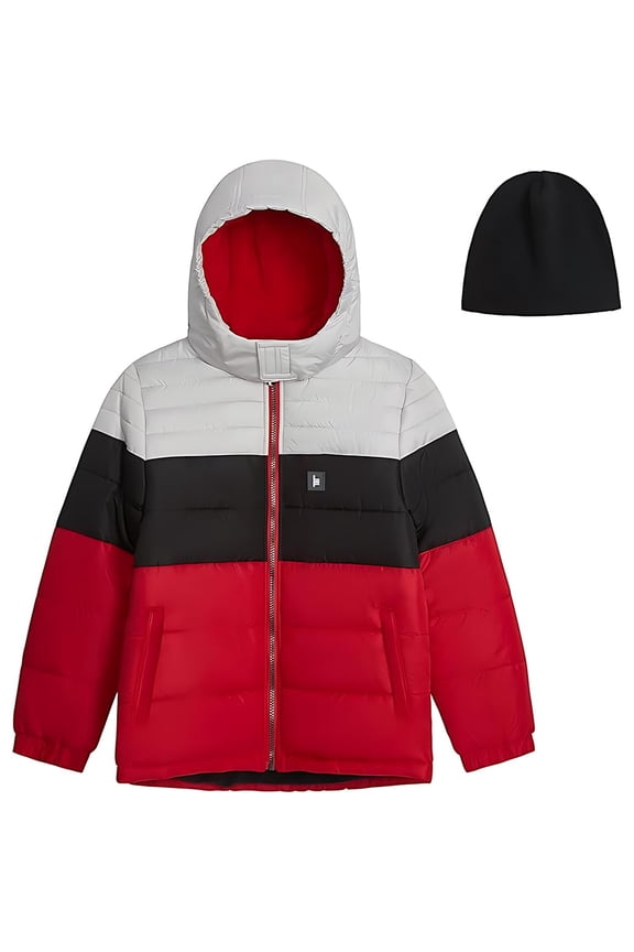 Boys' Big Active Puffer Jacket Winter Coat, Red Block, 10-12