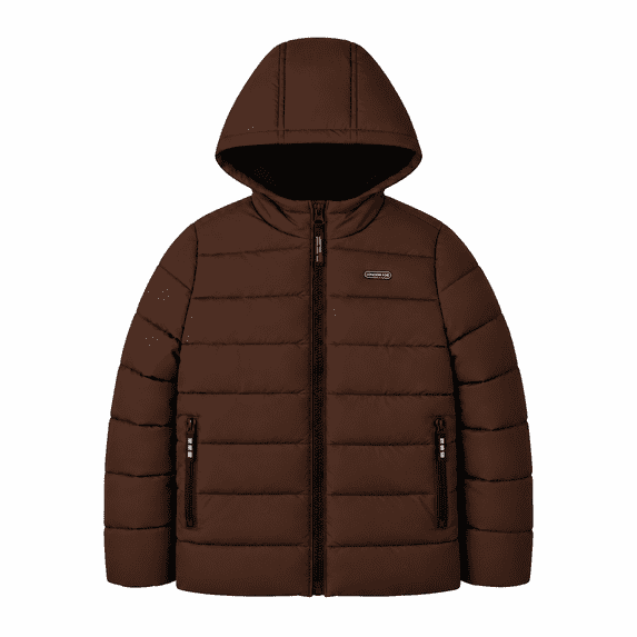 London Fog Boys' Hooded Puffer Jacket, Quilted Zip-Up Coat, Brown, 10/12