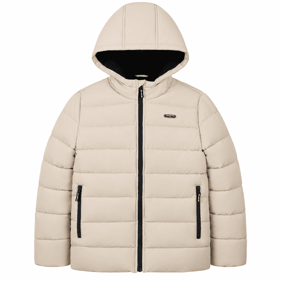London Fog Boys' Hooded Puffer Jacket, Quilted Zip-Up Coat, Tan, 14/16