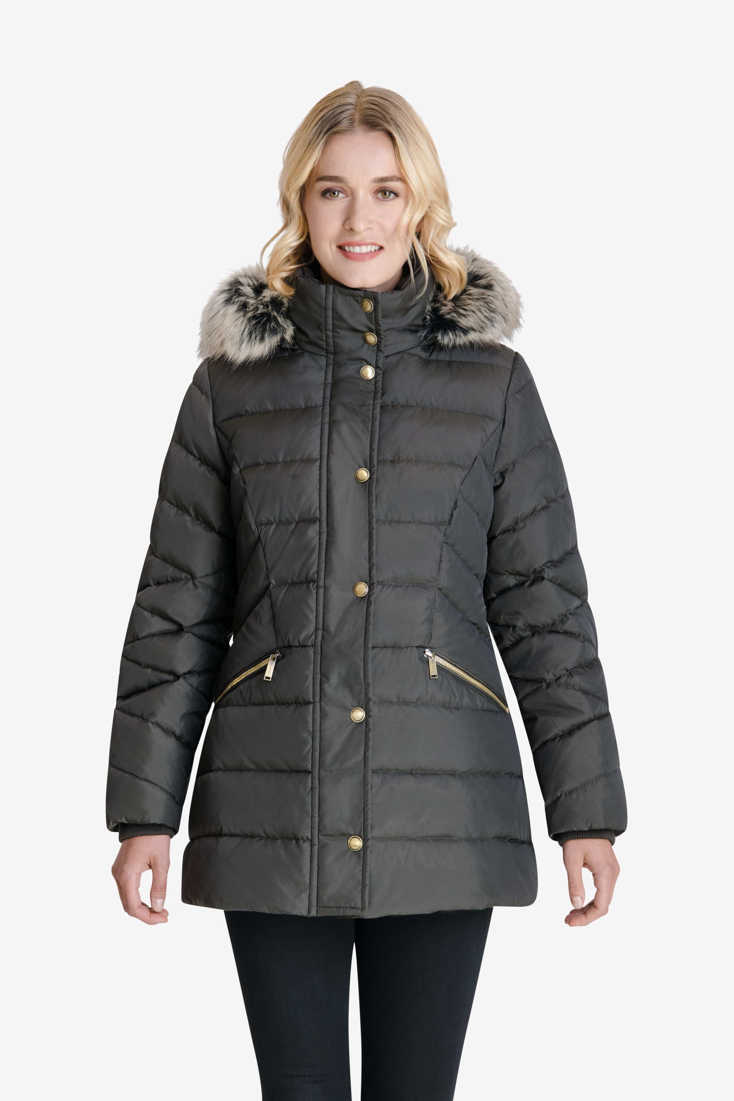 London Fog Womens Puffer Fur Hood London Fog Faux Fur Trim Hooded