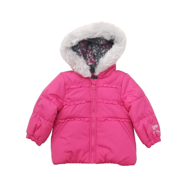 London Fog Infant Girls Pink Gray Hearts Zip Up Warm Jacket w Hood Beanie 18M