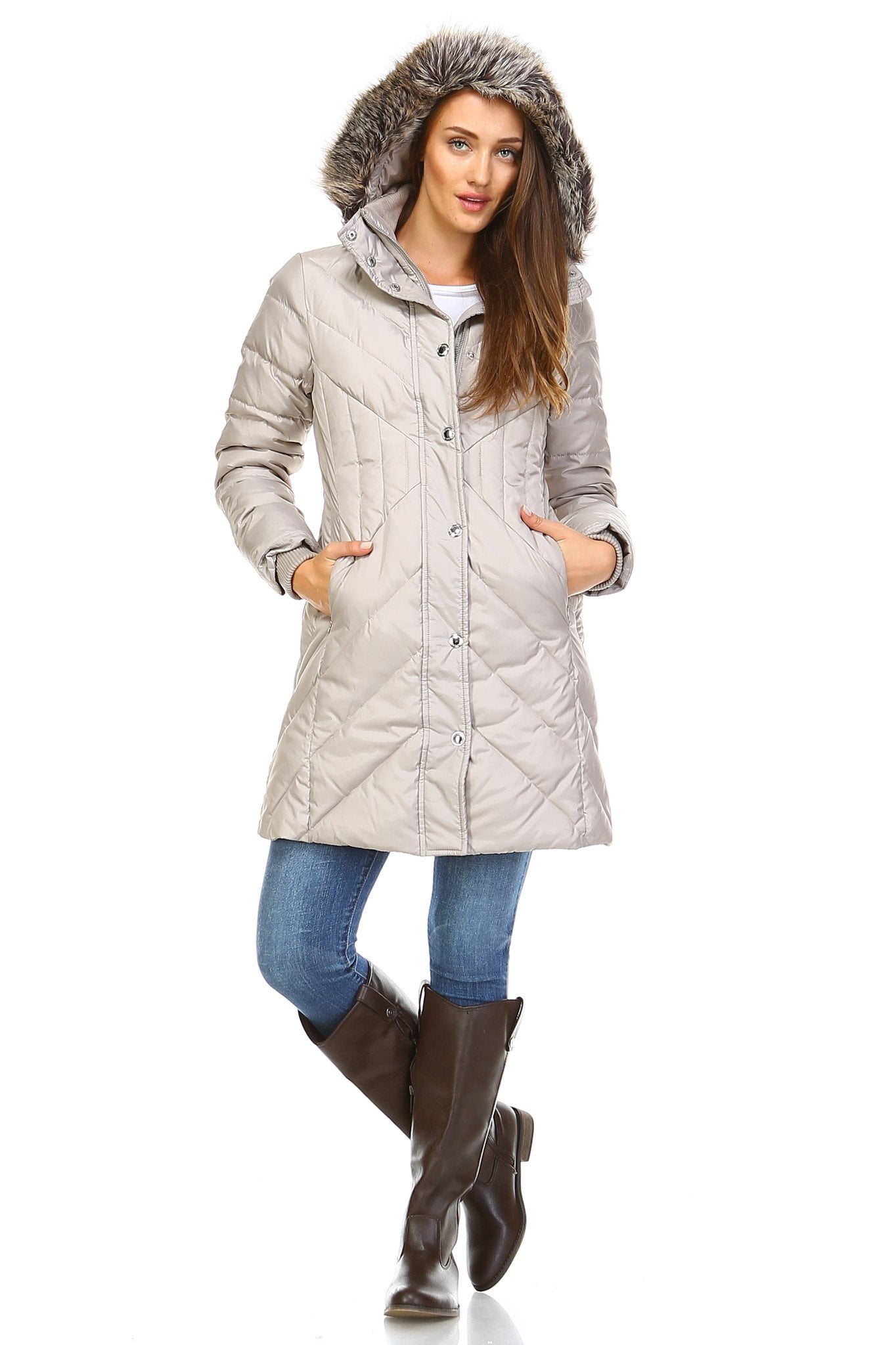 London Fog Petite Faux Fur Hooded Puffer Coat Pearl P Small Walmart