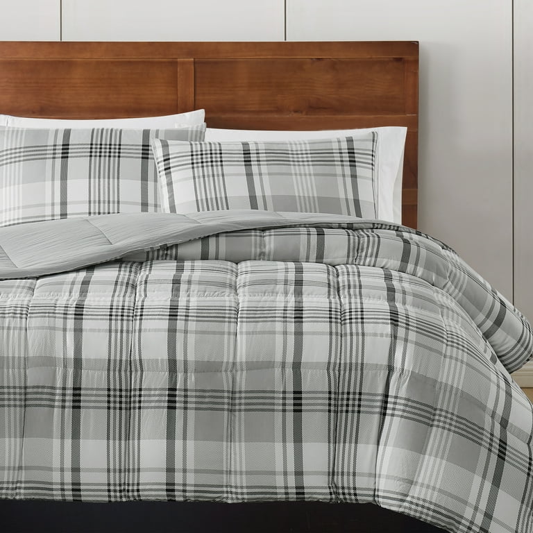 London Fog Supply 3 Piece Black Plaid Garment Washed Comforter Set