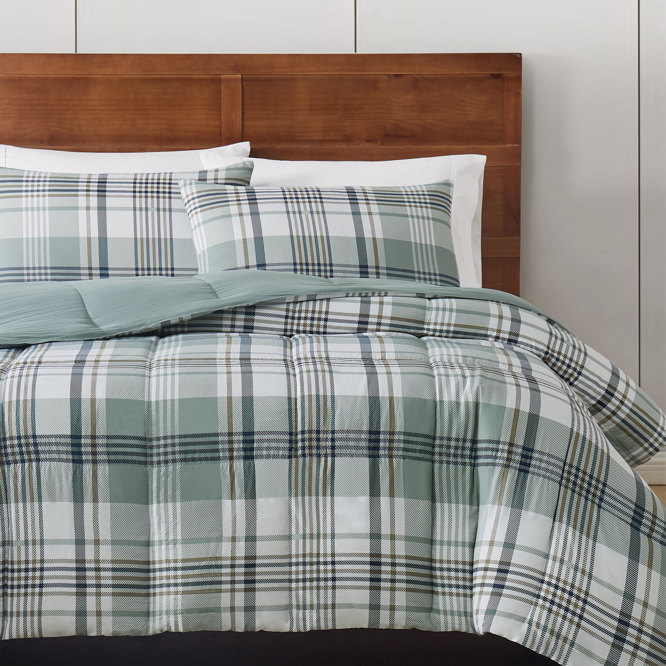 London Fog Supply Sage Plaid 3Piece Garment Washed Comforter Set, Full