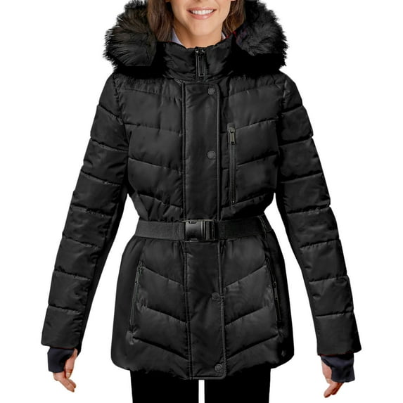 London Fog Women's Belted Puffer Jacket with Removable Faux Fur Hood (Black, XL)