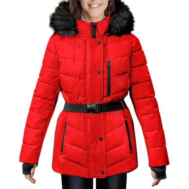 London Fog Women's Belted Puffer Jacket with Removable Faux Fur Hood ...