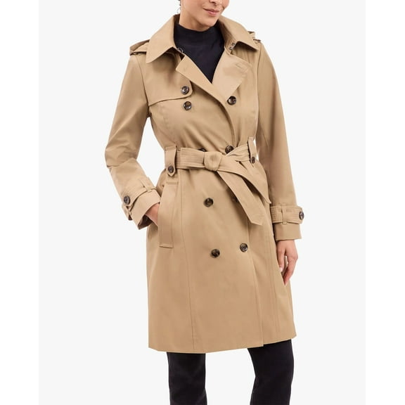 London Fog Women's British Khaki Belted Hooded Trench Coat Jacket