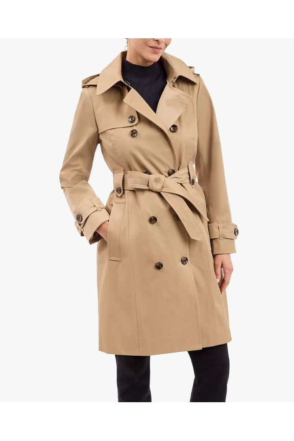 Women's British Khaki Belted Hooded Trench Coat Jacket