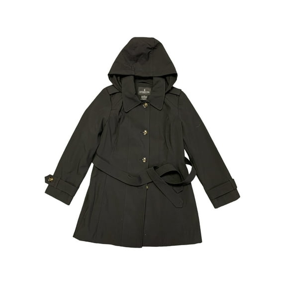 London Fog Women's Single Breasted Waist Belt Hooded Trench Coat, 7723770SC (Black, XL)