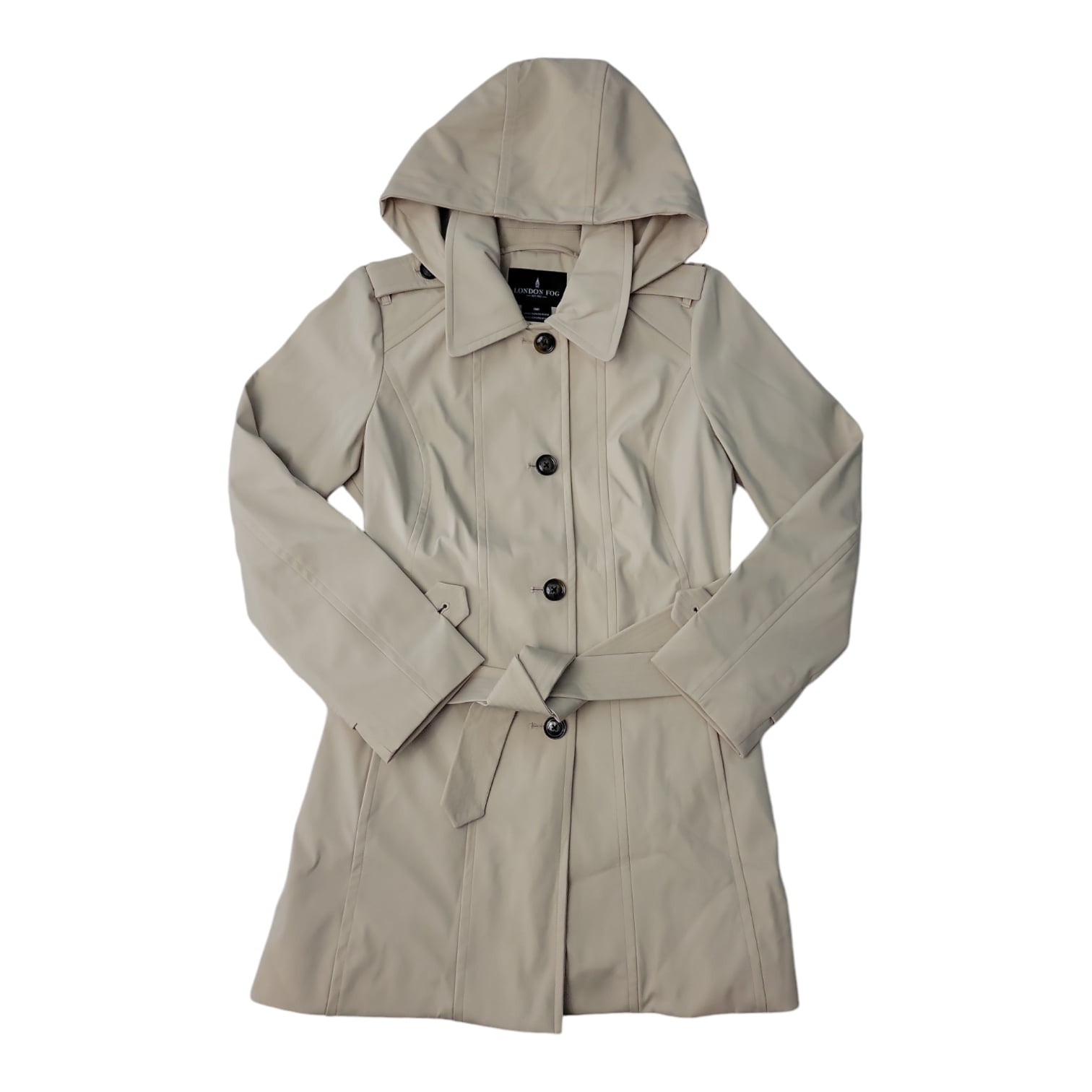 London Fog Women's Single Breasted Waist Belt Hooded Trench Coat