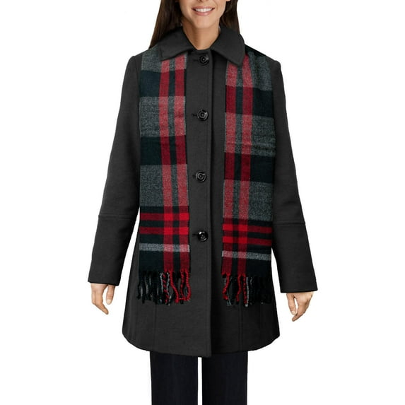 London Fog Women's Classic-Style Wool Button Coat with Coordinating Scarf (Charcoal, L)