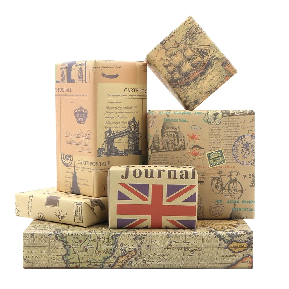 London France Paris EC36 Eiffel Tower Vintage World Maps Bicycle Newspaper Decorative Kraft Traveller Gift Wrap Wrapping Paper Folded Flat 6 Sheets 6 Designs: 24 sq. ft. ttl-for Christmas, Hanukkah,