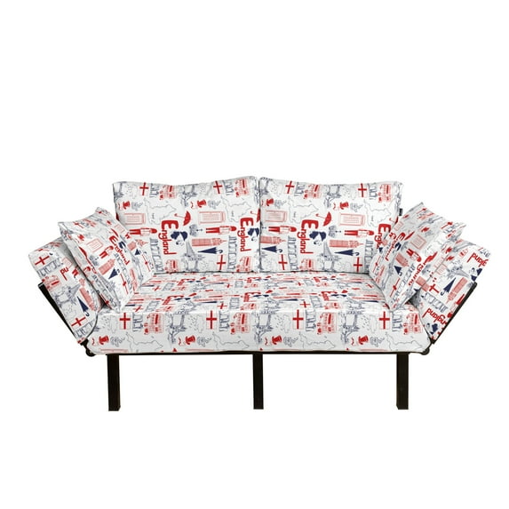 London Futon Couch, Sketch Art Country British Cultural Composition in Doodle Style, Daybed with Metal Frame Upholstered Sofa for Living Dorm, Loveseat, Vermilion Dark Blue, by Ambesonne