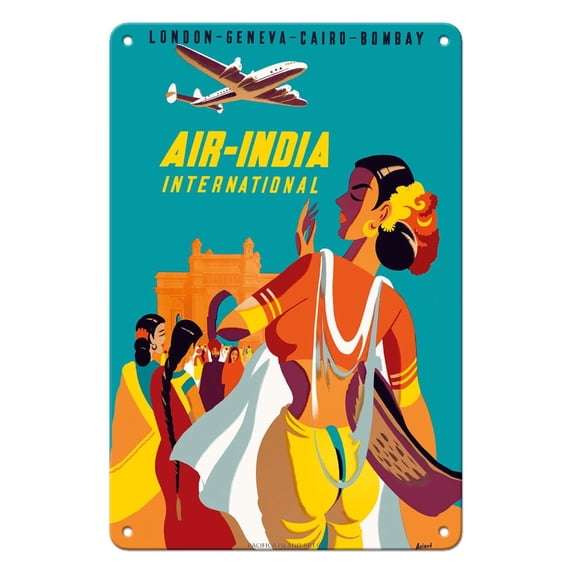 London Geneva Cairo Bombay - Air India International - Vintage Airline Travel Poster by Asiart c.1950 - 8 x 12 inch Vintage Metal Tin Sign
