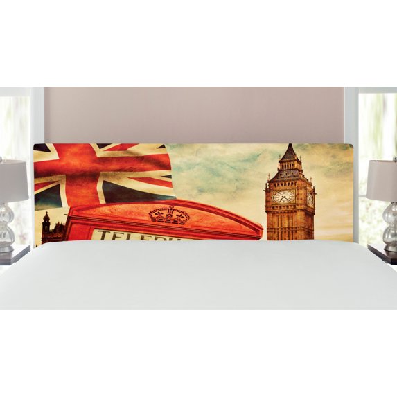 London Headboard, Vintage Style of London with National Flag UK Britain Old Clock Tower, Upholstered Decorative Metal Bed Headboard with Memory Foam, King Size, Multicolor, by Ambesonne