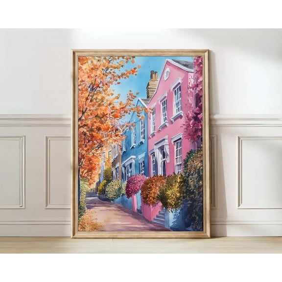 London Illustration Fall Soho Autumn Colorful City Scenery Print, Unframed Paper Print Size 24x36