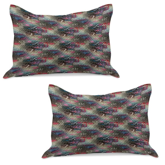 London Knitted Quilt Pillowcover Set of 2, Grungy Newspaper Page Style Collage Lipstick Kiss Marks Coffee Flag Telephone Booth, Standard Queen Pillow Sham Bedroom, 30" x 20", Multicolor, by Ambesonne
