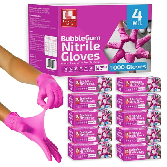 London Labs 4 Mil Disposable Nitrile Gloves, Latex Free & Powder Free Gloves for Esthetician, Nail tech, Cleaning, Cooking & Tattoo - 1000ct medium pink gloves