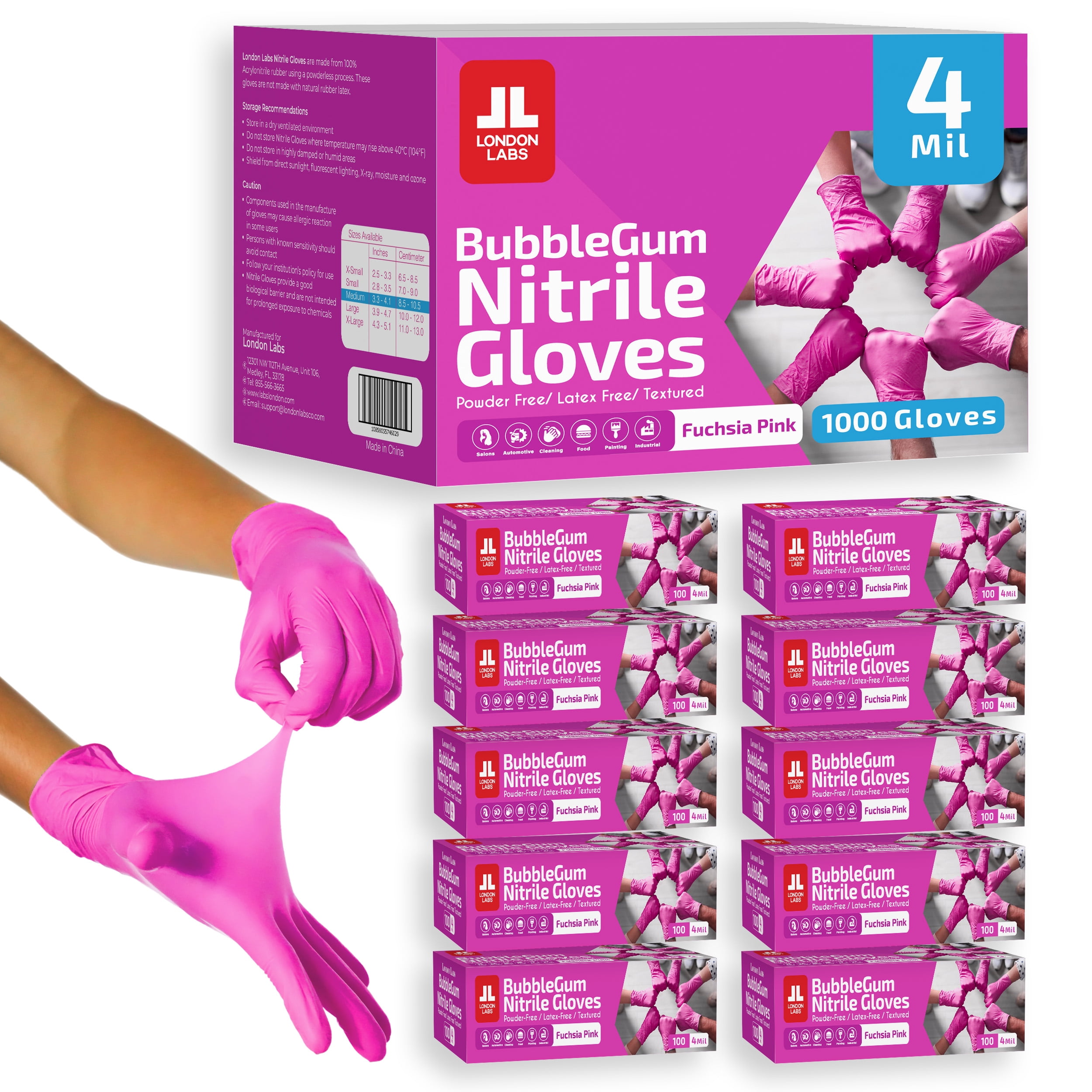 London Labs 4 Mil Disposable Nitrile Gloves, Latex Free & Powder Free Gloves for Esthetician, Nail tech, Cleaning, Cooking & Tattoo - 1000ct medium pink gloves
